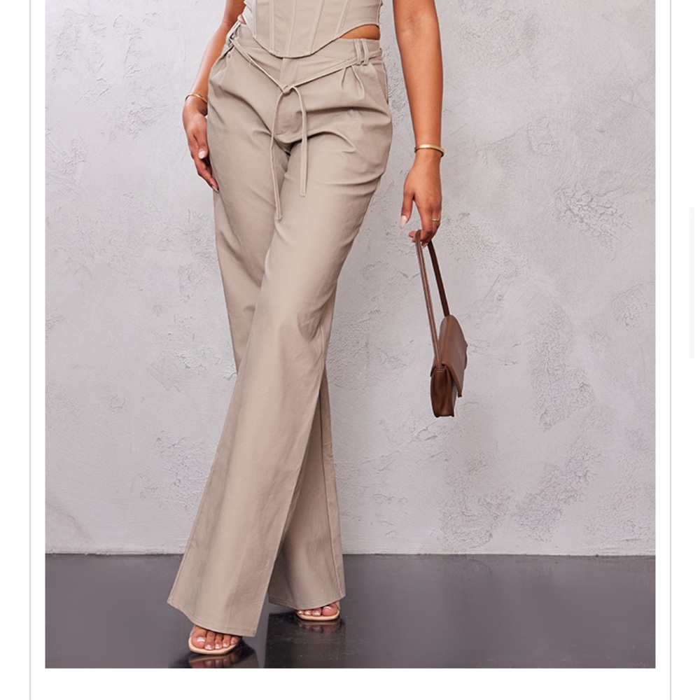 Tall Stone Faux Leather Tie Detail Wide Leg Pants - PrettyLittleThing